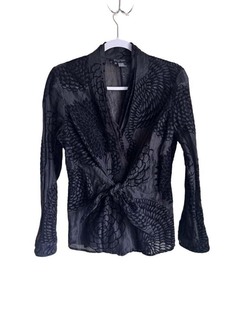 Black Burnout Floral Sheer Long Sleeve Tie Front Top Size 10